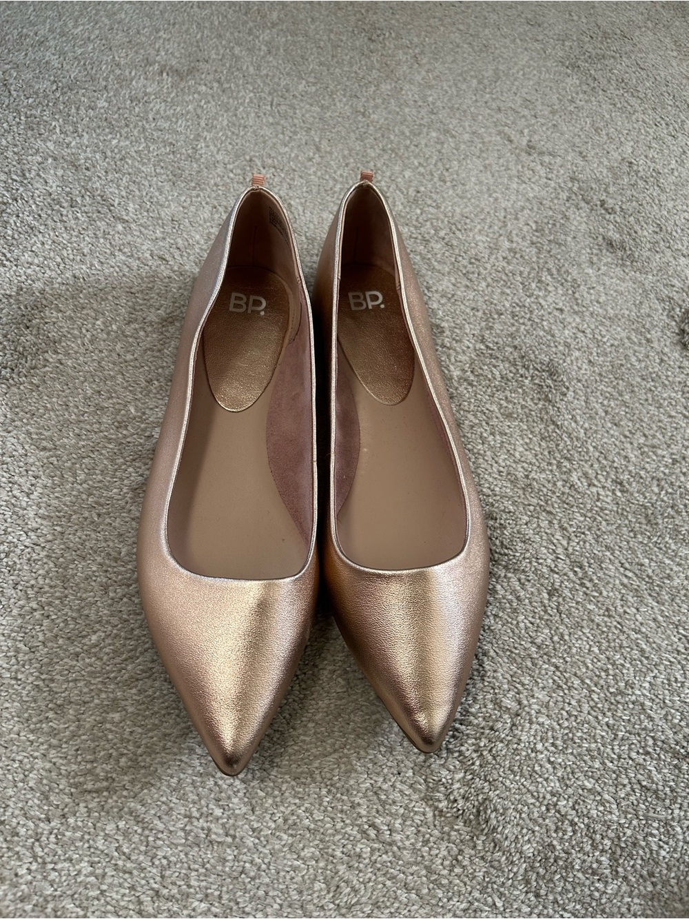 BP. Women's Metallic Rose Gold Pointed Toe Flats, size 9.5M